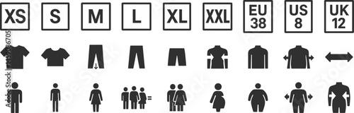 Clothing size and fit glyph icon set. Vector pictograms of maternity, unisex, measurement, chart, short, long length, cropped, tapered, bootcut, flared, black sign silhouette illustration.