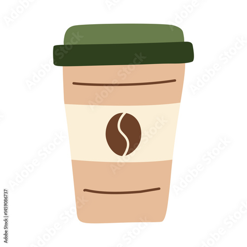 Takeaway coffee cup with green lid, eco-friendly reusable drink container, hot beverage to-go, minimalistic coffee shop icon, organic morning drink, hand-drawn simple vector illustration, flat style.