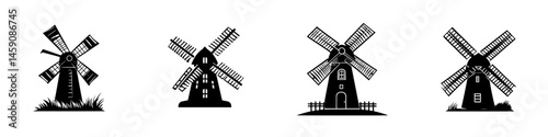 Collection of historic windmills in various designs showcasing traditional architecture and craftsmanship