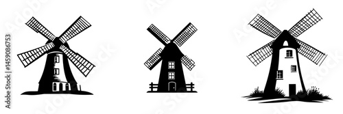 Historic windmills showcase traditional craftsmanship in a serene landscape during the golden hour at twilight