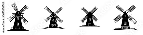 Different styles of classic windmills on a white background showcasing traditional architecture and design