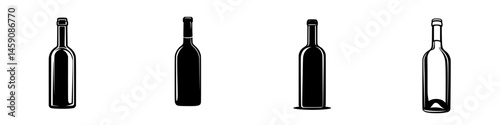 Vector illustrations of wine bottles showcasing different designs and shapes in black and white