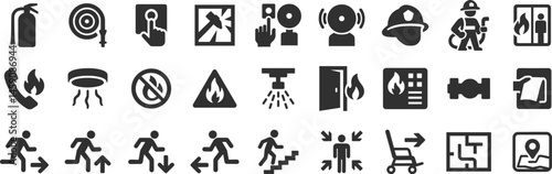 Fire safety and evacuation glyph icon set. Vector pictograms of sprinkler system, extinguisher, hose, firefighter helmet, smoke detector, flammable, black sign silhouette illustration.