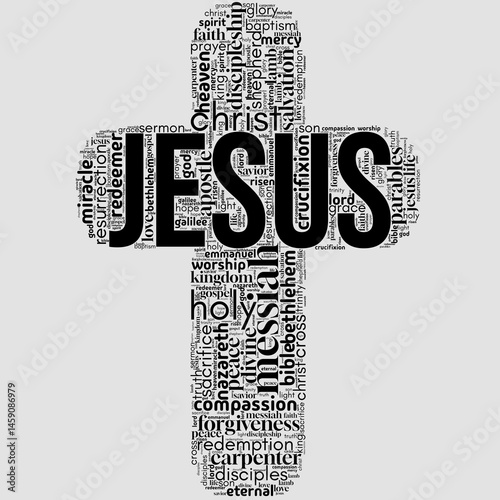 Word cloud centered on "Jesus Christ", featuring terms about faith, love, salvation, and Christianity. Perfect for religious visuals, spiritual designs, and Christian-themed content