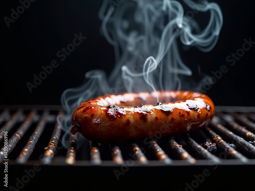 Grilled sausage sizzling on a black grill grate