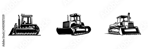 Three flat black construction equipment icons representing bulldozers used for land clearing and grading