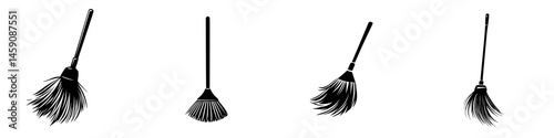 Flat black icons of various broom designs for cleaning tasks and household chores, showcasing diverse styles and shapes