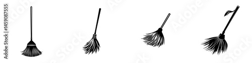 Flat black icons of various brooms for cleaning tasks or design purposes displayed on a white background