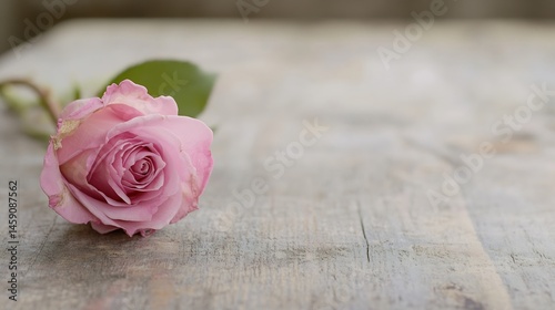 Single pink rose lying on rustic wooden surface, delicate petals, soft light, romantic mood, floral photography, copy space. : Generative AI