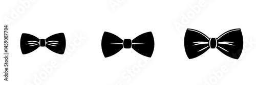 Flat black bow tie icons in varying sizes suitable for digital design, fashion, and graphic projects