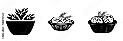 Stylized black icons of bowls filled with various types of bread and herbs designed for culinary applications