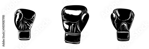 Boxing gloves in flat black style showcasing different angles and designs for sports enthusiasts and fitness themes