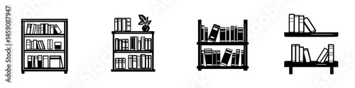 Collection of flat black bookshelf icons representing various styles and arrangements for digital design projects