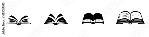 Collection of flat black book icons showcasing different open book designs suitable for various applications