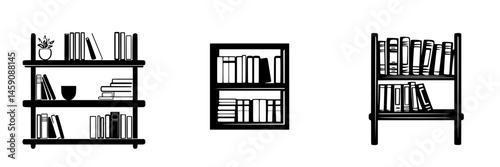 Various flat black icons representing bookshelves with different designs and styles for illustration or graphic use