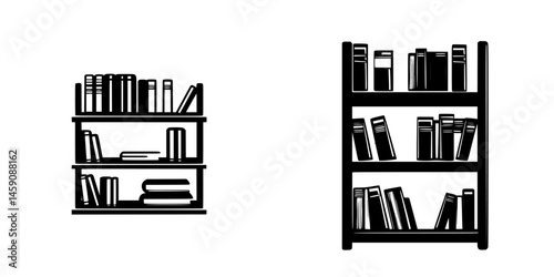 Two flat black icons of bookshelves displaying different book arrangements and designs