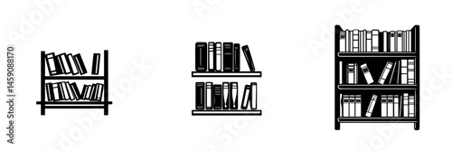 Flat black icons depicting various styles of bookshelves with books arranged on them for library design and decoration ideas