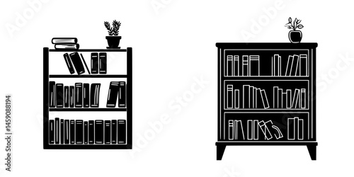Black flat icon of two bookshelf designs showcasing varied shapes and items like books and plants for decor