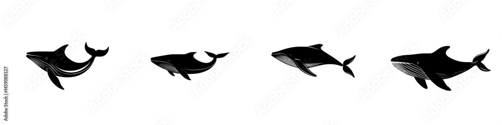 Obraz premium Stylized flat black icons depicting various whale silhouettes in a simple and modern design