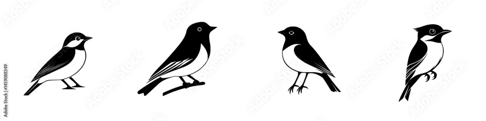 Fototapeta premium Black icons depicting various bird silhouettes isolated on white background for design and illustration purposes