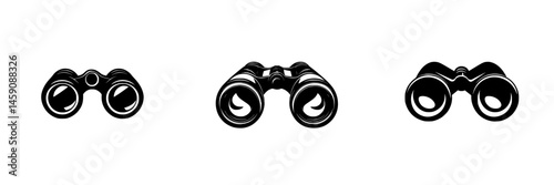 Multiple flat black binocular icons showcasing different styles and perspectives for use in various designs