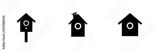 Stylized flat black icons representing birdhouses with a bird on top, depicting a whimsical nature theme associated with bird care and housing
