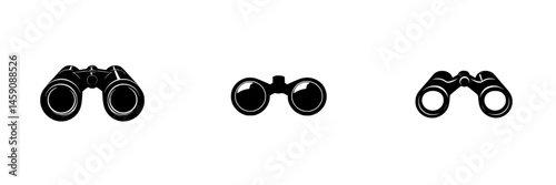 Various styles of flat black binocular icon for visual clarity in design applications