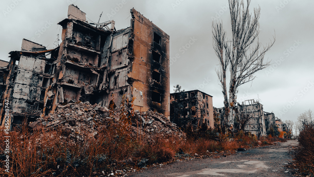 Fototapeta premium ruined street and destroyed houses in Ukraine
