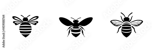Flat black bee icons showcasing different styles and designs suitable for various applications and projects
