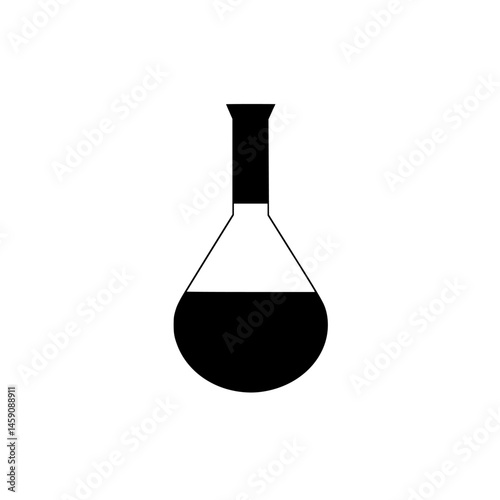 Flat black icon representing a science laboratory flask containing liquid in a minimalist design for educational purposes