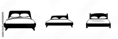 Flat black icons representing various bed designs for interior decoration and furniture selection