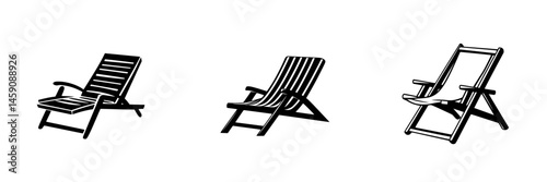 Flat black icons of three different types of deck chairs showcasing varying designs and styles for outdoor relaxation