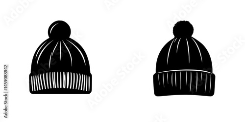 Flat black icons of two different styles of knitted winter hats with pom-poms representing cozy winter fashion accessories