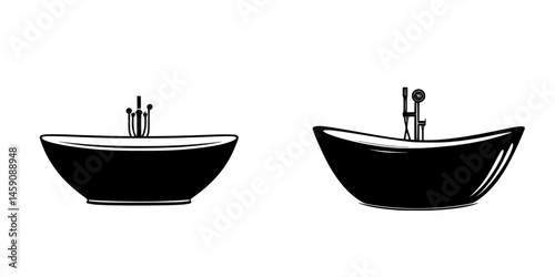 Stylized flat black icons depicting modern bathtubs with differing designs and faucet styles suitable for interior decoration concepts