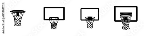 Black icon set showing various basketball hoop designs and their components for use in sports graphics and illustrations