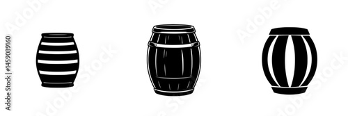 Stylized flat black barrel icons representing traditional storage containers used for various liquids