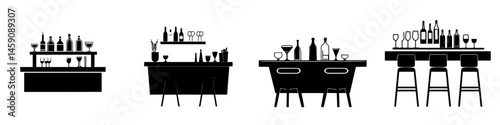 Flat black icons depicting various bar setups for cocktails and drinks display in a creative and stylish manner