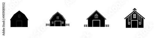 Collection of flat black barn icons representing various styles and designs for rural themes