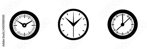Various flat black clock icons representing different time displays and styles suitable for graphic design and app interfaces