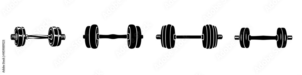 Fototapeta premium Collection of flat black dumbbell icons representing various weights and styles for fitness and gym activities