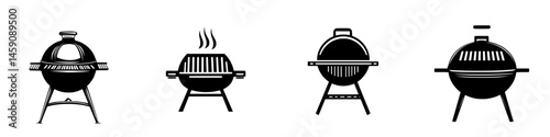 Various flat black grill icons showcasing different styles and designs for outdoor cooking