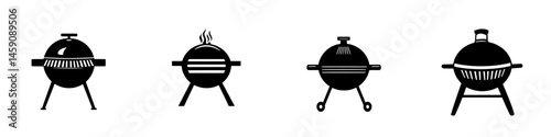 Various styles of black barbecue grill icons showcasing outdoor cooking equipment for summer gatherings