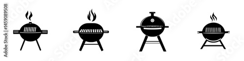 Variations of flat black grill icons showcasing different designs for outdoor cooking and barbecuing activities