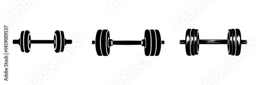 Black icons of weightlifting equipment showcasing different variations of dumbbells arranged in a linear format for fitness concepts