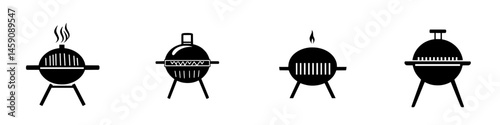 Black icons depicting various styles of grills designed for outdoor cooking and barbecue activities