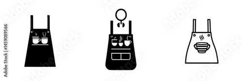 Flat black icons representing coffee-related aprons with various designs for beverage service and preparation