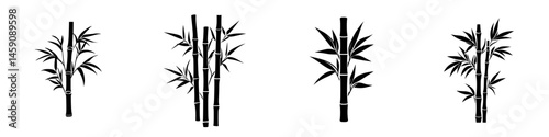 Flat black icon representing various bamboo plant designs suitable for minimalist graphic applications and nature-themed projects
