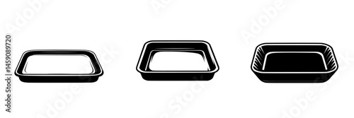Flat black icon representations of three different tray types in varying shapes and designs