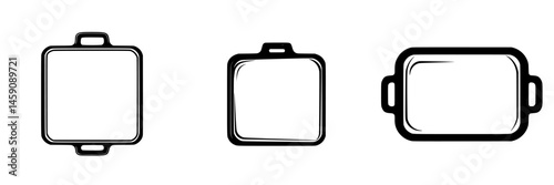 Flat black cooking utensil icons representing different styles of cookware designed for culinary activities