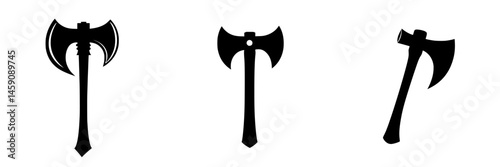 Three distinct flat black axe icons showcasing different designs and styles for various uses